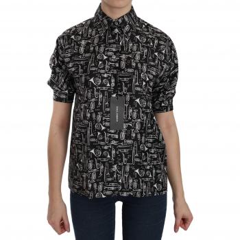 Dolce & Gabbana Black Musical Instrument Collared Blouse Shirt - IT40|S, Female, Size: XS