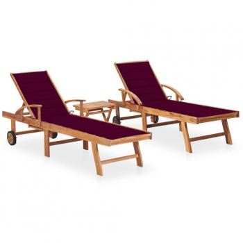 Teak Wood Sun Loungers Set with Table and Cushions - 2 Pieces