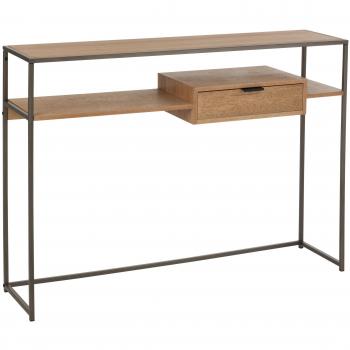 Consola de diseño moderno con 1 cajón de madera clara y patas de metal negro, 120 cm