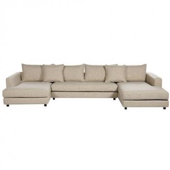 Sofá Esquinero Moderno en Forma de U Beige de Poliéster 5 Plazas con Poufs y Almohadas Extraíbles y Respaldo Acolchado