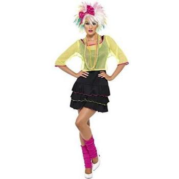 Smiffys-38823m Disfraz de Chica años 80 y Amarillo, con Parte de Arriba, Vestido y diade, Color Negro, M-EU Tamaño 40-42