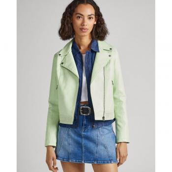 Cazadora Biker Mujer Pepe Jeans Masie Verde con Textura y Cremallera Diagonal
