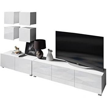 Conjunto de salón Providence B130, Aglomerado laminado, Blanco brillante, Con mesa de TV y partes separadas, 250 x 43 cm