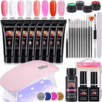 TopDirect 6W Secador de Uñas LED Lámpara 8 colores 15ml Gel Uñas Esmalte Semipermanente con Top & Base Coat + Solución de deslizamiento + 4 x Gel de color UV + 4 x Nails Glitter para Manicura Pedicura