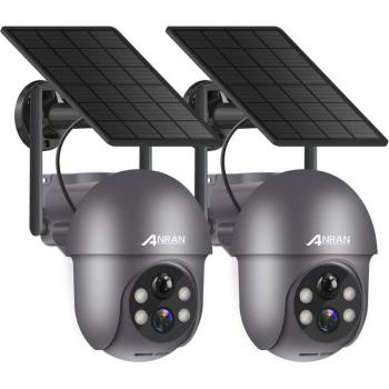 Cámara de Vigilancia Exterior 2K WiFi Inalámbrica con Batería y Panel Solar, 360° PTZ, Detección de Movimiento PIR - Kit de 2 Unidades