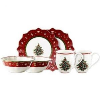 Villeroy & Boch Toy's Delight Breakfast Set - 6-piece porcelain breakfast set featuring festive Christmas design, includes a dinner plate, dessert plate, bowl, mug, and sugar bowl with lid; suitable for microwave and dishwasher use