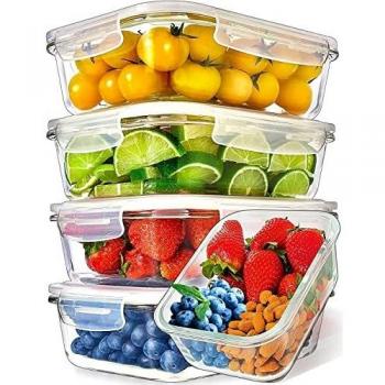 Recipientes para Alimentos [5 Pieza 1000 ml] - Recipientes de Cristal para Alimentos Hermético - Juego de Recipientes de Cristal Apto para Lavavajilla Microondas Congelador
