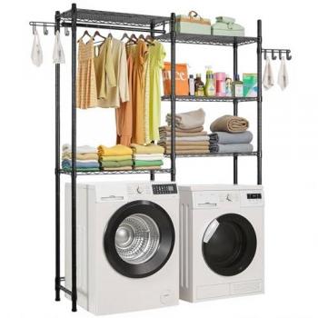 Estante para Lavadora/Secadora 5 Niveles con Barra y Ganchos, Estantes Ajustables, Ahorro de Espacio, Negro Vevor