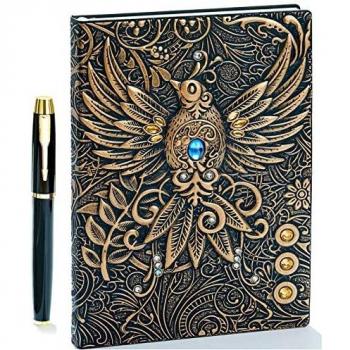 Diario de piel en relieve vintage con juego de bolígrafos dorados,A5,hecho a mano,cuaderno de bocetos, diario de viaje y cuaderno para escribir, regalo para mujeres y hombres