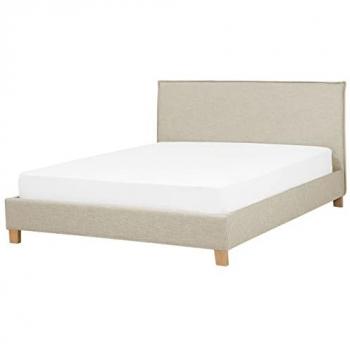 Marco de cama tapizado en tela beige con patas de madera 180 x 200 cm, estilo escandinavo minimalista, cabecero incluido