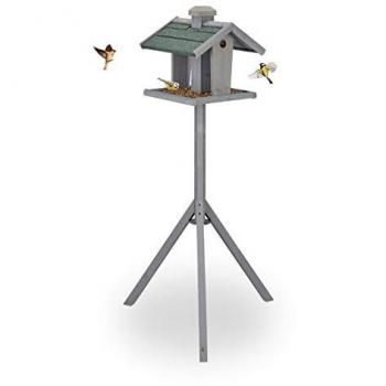Comedero para Pájaros Trípode con Silo de Alimento y Tejado Resistente, Jardín, Madera, 135 x 67 x 56 cm, Gris y Verde