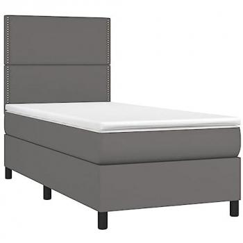 Cama box spring con colchón viscoelástico de espuma, protector, muelles ensacados, adaptable y reversible, en cuero sintético gris de 80x200 cm