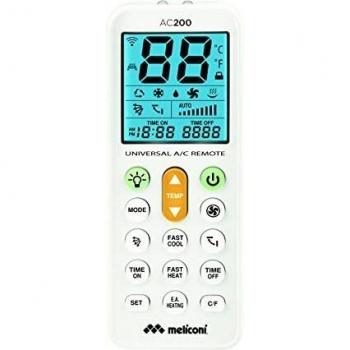 Telecomando Universal Meliconi AC200 para Climatizadores, Compatible con la Mayoría de Marcas, Pantalla Retroiluminada y Función Linterna, Color Blanco