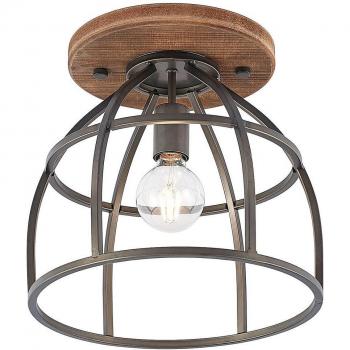 Plafón redondo Lindby Rutger, pantalla de jaula, lámpara de techo vintage en marrón, hecha de madera, para salón y comedor, 1 llama, E27