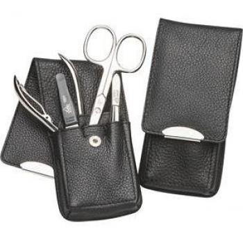 ERBE Siena 4-Piece Brown Leather Manicure Set with Snap Closure and Premium Solingen Steel, Includes Makeup Organizer