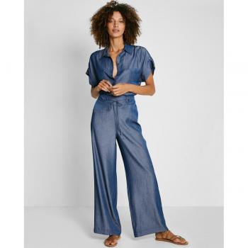 Pantalones fluidos de mujer efecto denim con lazo