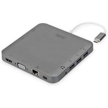 Estación de acoplamiento multipuerto DIGITUS - USB-C Dock 11 puertos - HDMI mDP VGA, RJ45, 3x USB 3.0 - puerto de carga, lector de tarjetas - gris