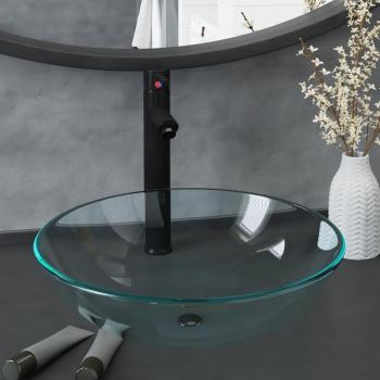 Lavabo con grifo y tapón pulsador de cristal templado transparente