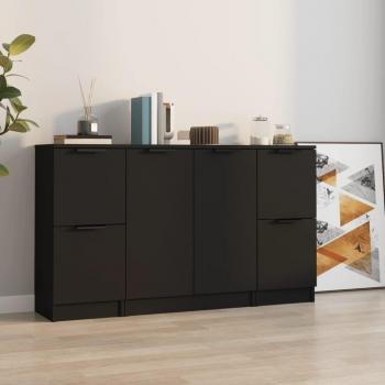 Aparador de Madera Contrachapada 3 uds, Mueble de Almacenaje para Salón con Armarios y Cajón, Buffet Moderno, Armario Auxiliar y de Almacenamiento en Color Negro