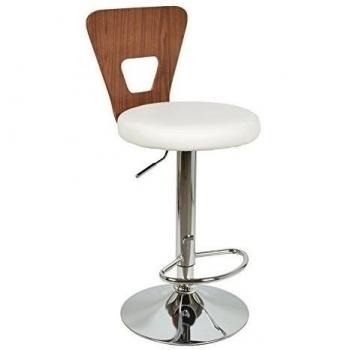 ts-ideen Taburete asiento de bar en blanco con reposapies cromado y espaldar en madera de nogal