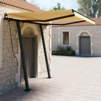 Toldo manual retráctil con postes 3,5x2,5 m Amarillo y Blanco