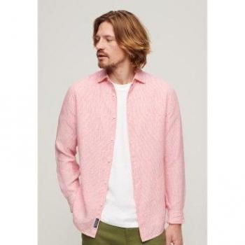 Superdry Men's Casual Long Sleeve Linen Shirt - Pink Stripe, Size L