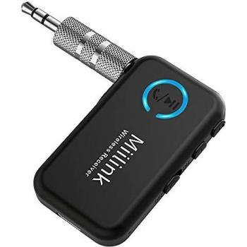 Miilink Receptor Bluetooth 5.0 Coche, Adaptador Bluetooth AUX Portátil con Jack 3,5mm, 15 Hrs Llamada Manos Libres con Micrófono Integrado, Enlace Dual Control de Volumen para Sistema Estéreo