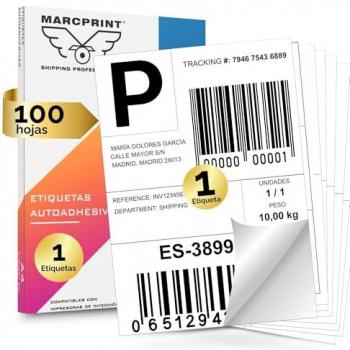 Etiqueta Adhesiva A4 MARCPRINT - 100 Hojas - Autoadhesivas para Impresoras de Láser y Tinta - Pegatinas Folio
