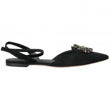 Dolce & Gabbana Black Leather Crystal Slingback Sandals Shoes - EU38/US7.5, Flat Sandals, Female, Size: 8 US Stylish Platta Sandals