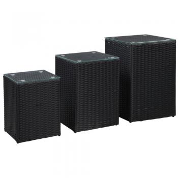 vidaXL Side Tables 3 pcs with Glass Top Black Poly Rattan