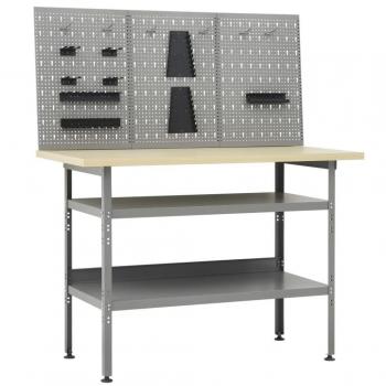 Banco de trabajo con 3 paneles de pared, color gris, incluye tres paneles de pared para almacenamiento, superficie amplia de trabajo, estructura robusta y diseño funcional