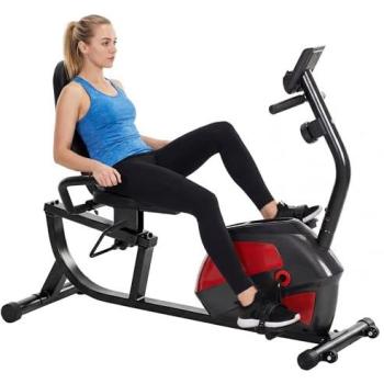 Bicicleta Estática Reclinada Homcom con Respaldo, 8 Niveles de Resistencia Magnética, Asiento Ajustable, Monitor LCD, Pulsómetro y Soporte para Teléfono, Ruedas, Color Ro