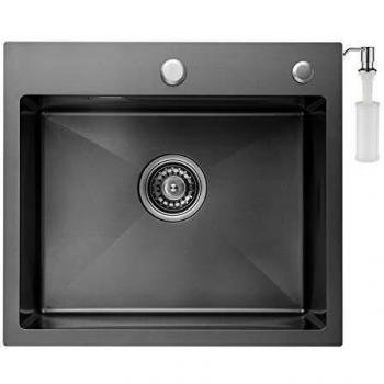 CECIPA Fregadero de Cocina un Seno,50cm*45 cm Incluyendo Dispensador de Jabón, Rebosadero y Juego de Desagüe I Sobre Encimera o Enrasado…