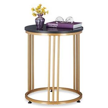 Mesa Auxiliar Redonda Efecto Mármol Negro y Dorado, Metal y MDF, 51 x 41 cm - Relaxdays