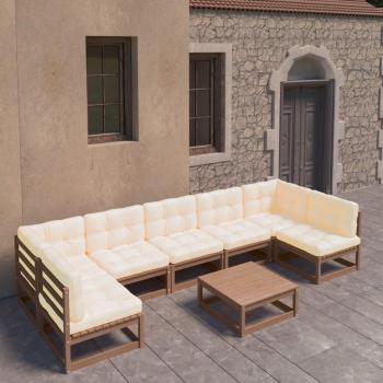 Conjunto de muebles de jardín 8 piezas con cojines marrón miel de pino