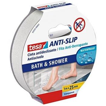 tesa 55533-00001-11 55533-00001-11-Cinta Antideslizante Baño y Ducha-5m x 25mm Transp, Standard