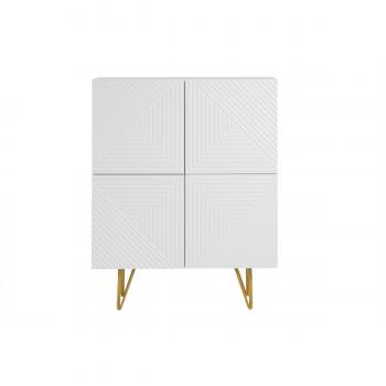 Aparador alto de diseño OZEN con 4 puertas y grabados de metal blanco mate y dorado, 86 cm