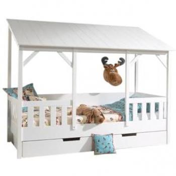 Cama Casa VIPACK 90x200 cm con Cajón Extraíble, Estructura de Madera Maciza en Blanco, Hecho en Europa