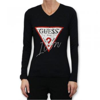 Guess LS Vn Icon tee, Camiseta de Manga Larga para Mujer, Negro