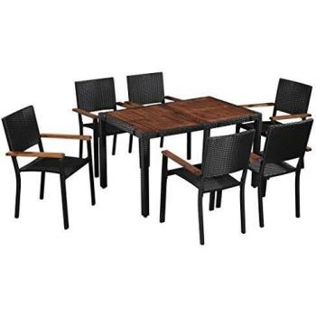 7 Piece Outdoor Dining Set Poly Rattan and Acacia Wood Black