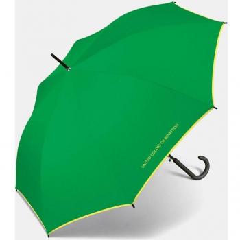 Paraguas Automático Benetton 60 cm Verde con Ribete Contraste, Largo, Apertura Automática, 105 cm Diámetro, 8 Paneles, Varilla Metal y Nervios Acero 10 mm