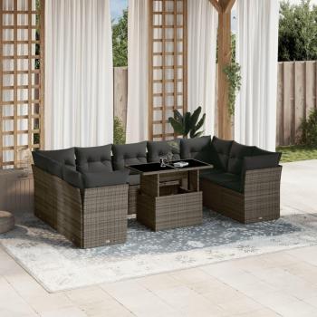 10-Piece Grey Poly Rattan Garden Sofa Set with Cushions