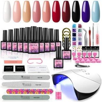 COSCELIA Kit de Esmaltes Semipermanentes para Uñas 10pcs Soak off 8ml Secador de Uñas LED/UV Gel Curado Máquina de 36W Base Coat Top Coat Herramiento de Manicura Pedicura Kit