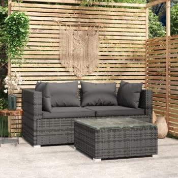 3-Piece Grey Poly Rattan Garden Lounge Set with Cushions