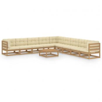 Conjunto de muebles de jardín 10 piezas con cojines en color marrón miel de madera de pino