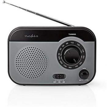 Nedis - Radio FM - Modelo portátil - Am/FM - Funciona con Pilas/alimentación eléctrica - Analógico - 1.8 W - Monitor Blanco y Negro - Salida para Auriculares - Asa de Transporte - Gris/Negro