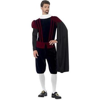 Smiffys-43418L Traje de Lujo del Señor Tudor, Top, Pantalones, Capa y Collarín, Color Negro, L-Tamaño 42-44