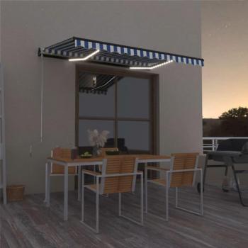 Toldo manual retráctil con LED 350x250 cm azul y blanco