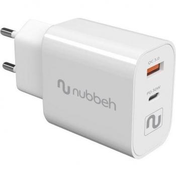 CARGADOR USB NUBBEH DUAL 30W USB + USB-C WHITE PARA CASA