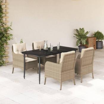 5 Piece Beige Poly Rattan Garden Dining Set with Cushions